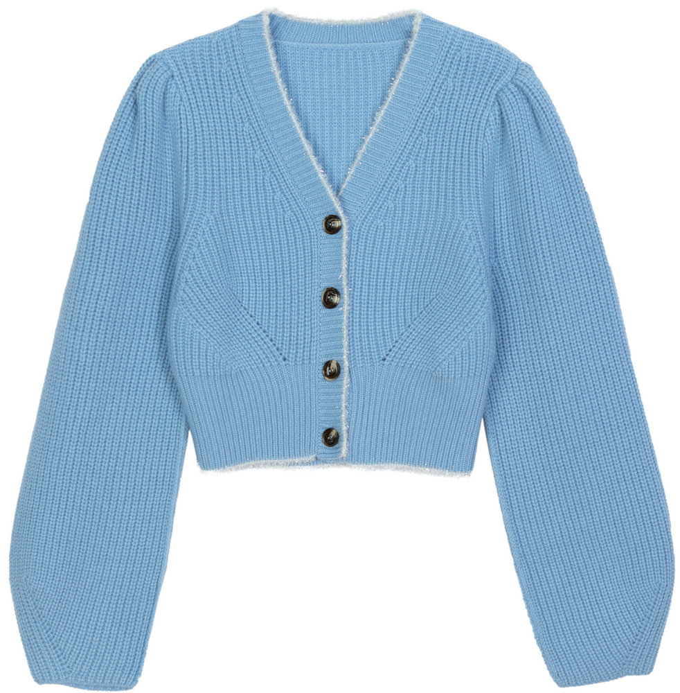22032 WOMEN’S KNITTED CARDIGAN V NECK BIG FRENCH SLEEVE TRANSFER STITCH RAW EDGE AT NECK MOQ 200PCS/COLOR