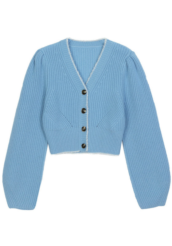 22032 WOMEN'S KNITTED CARDIGAN V NECK BIG FRENCH SLEEVE TRANSFER STITCH RAW EDGE AT NECK MOQ 200PCS/COLOR