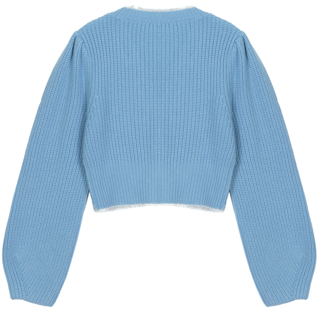 22032 WOMEN’S KNITTED CARDIGAN V NECK BIG FRENCH SLEEVE TRANSFER STITCH RAW EDGE AT NECK MOQ 200PCS/COLOR