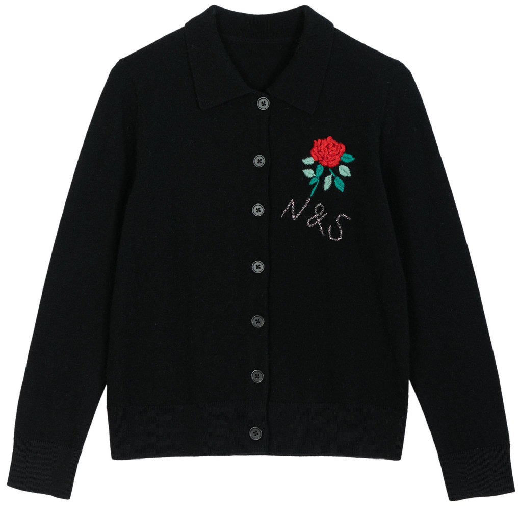 22041-A WOMEN’S KNITTED CARDIGAN SHIRT COLLAR LONG SLEEVE WITH BUTTONS AND FLOWER EMBROIDERY MOQ 200PCS/COLOR