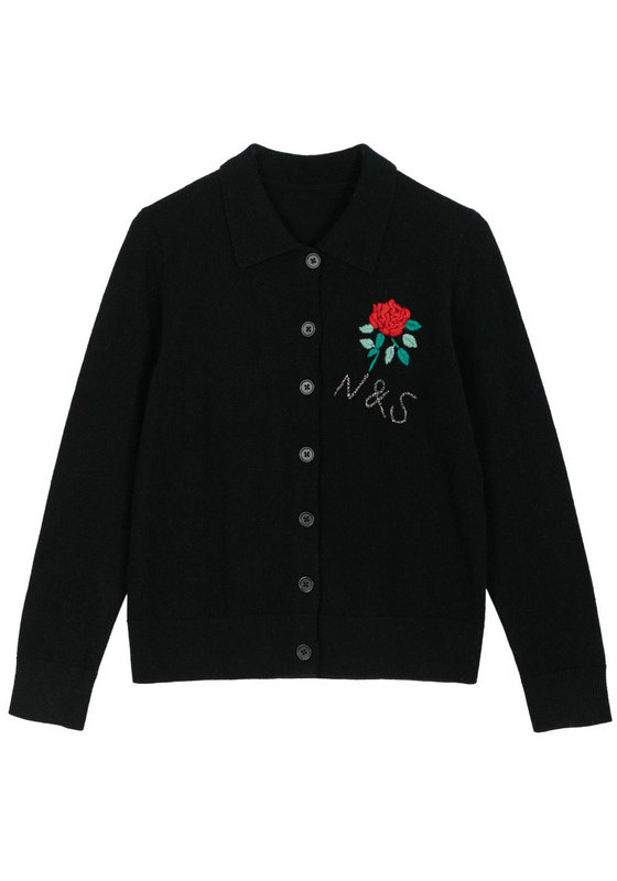 22041-A WOMEN'S KNITTED CARDIGAN SHIRT COLLAR LONG SLEEVE WITH BUTTONS AND FLOWER EMBROIDERY MOQ 200PCS/COLOR