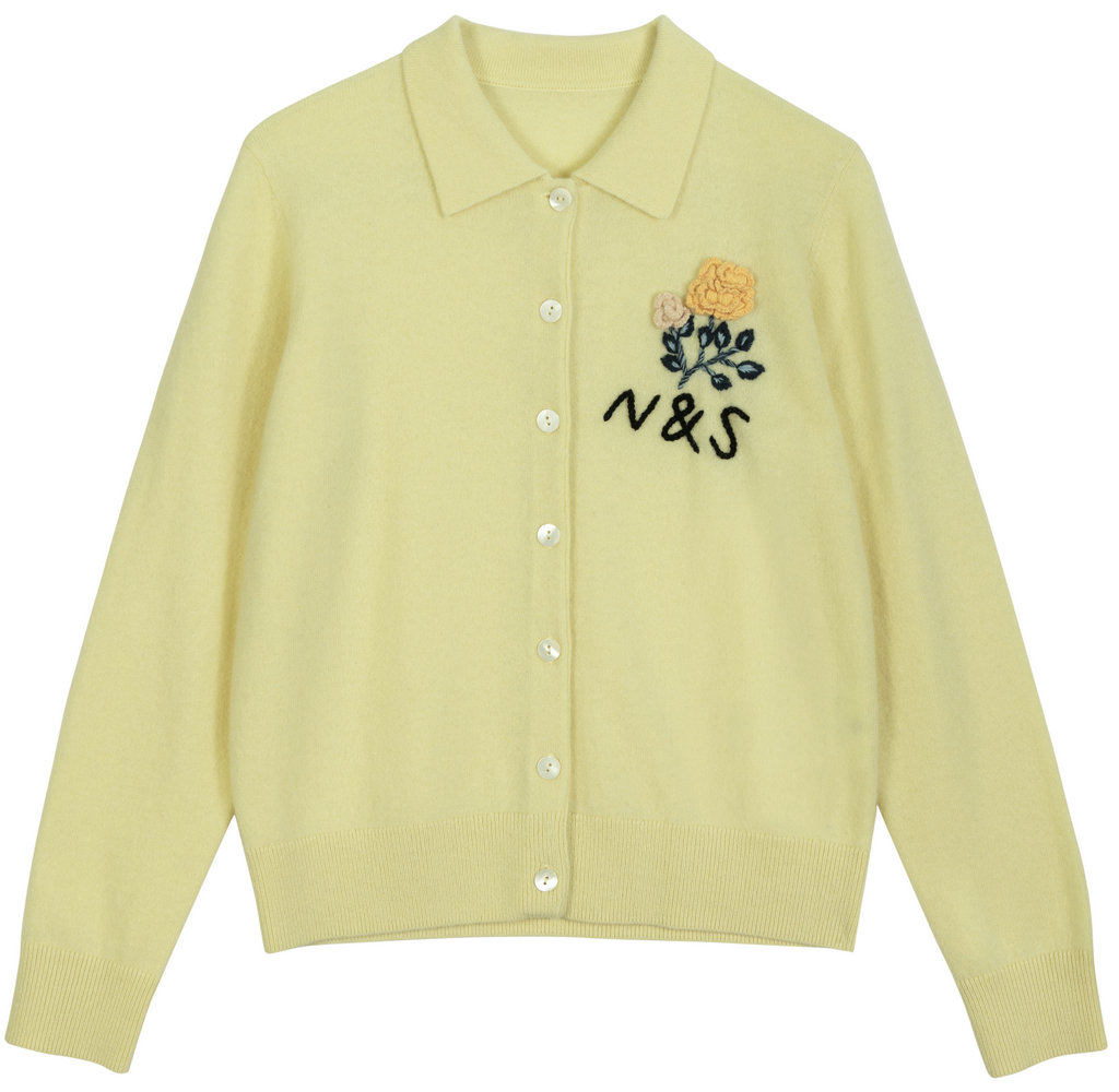 22041 WOMEN’S KNITTED CARDIGAN SHIRT COLLAR LONG SLEEVE WITH BUTTONS AND FLOWER EMBROIDERY MOQ 200PCS/COLOR