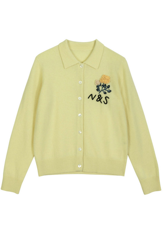 22041 WOMEN'S KNITTED CARDIGAN SHIRT COLLAR LONG SLEEVE WITH BUTTONS AND FLOWER EMBROIDERY MOQ 200PCS/COLOR