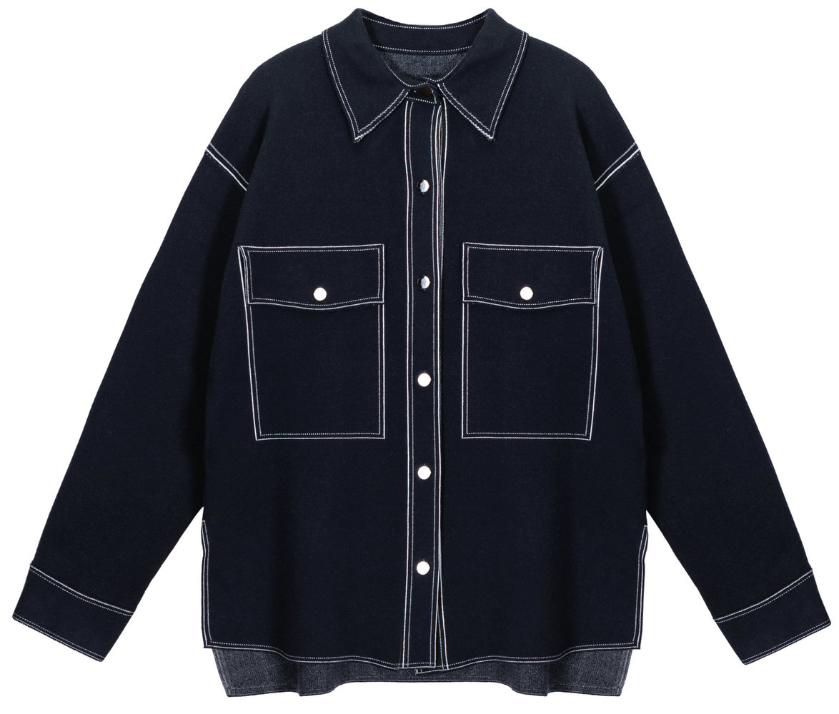 22020-A  WOMEN’S KNITTED CARDIGAN SHIRT COLLAR CHEST POCKETS METAL SNAP BUTTONS JEANS STYLE MOQ 200PCS/COLOR